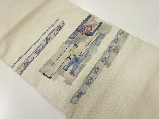 アンティーク　手織り紬変わり横段に菱模様織出し名古屋帯